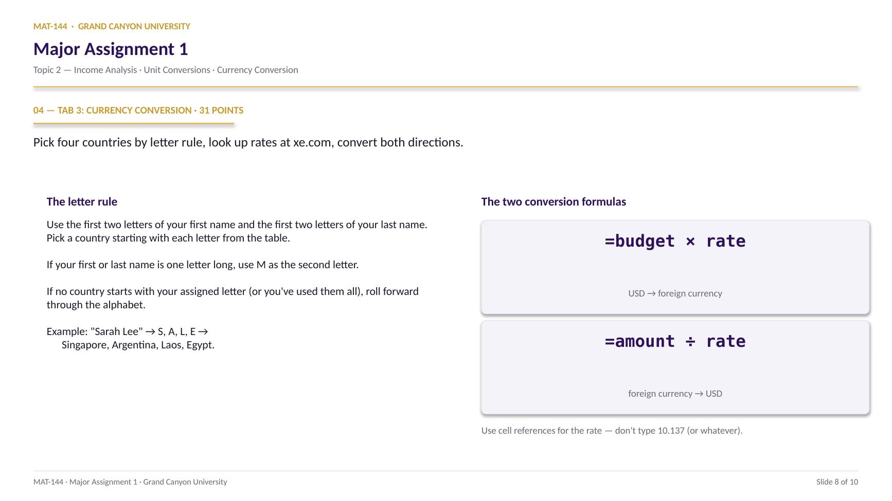 MA1 slide 8 of 10: Tab 3 currency